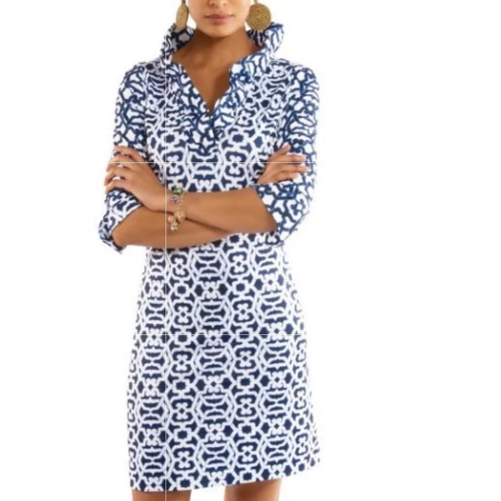 Gretchen Scott Blues Jersey Navy White Geometric Ruffle Neck Shift Dress Medium